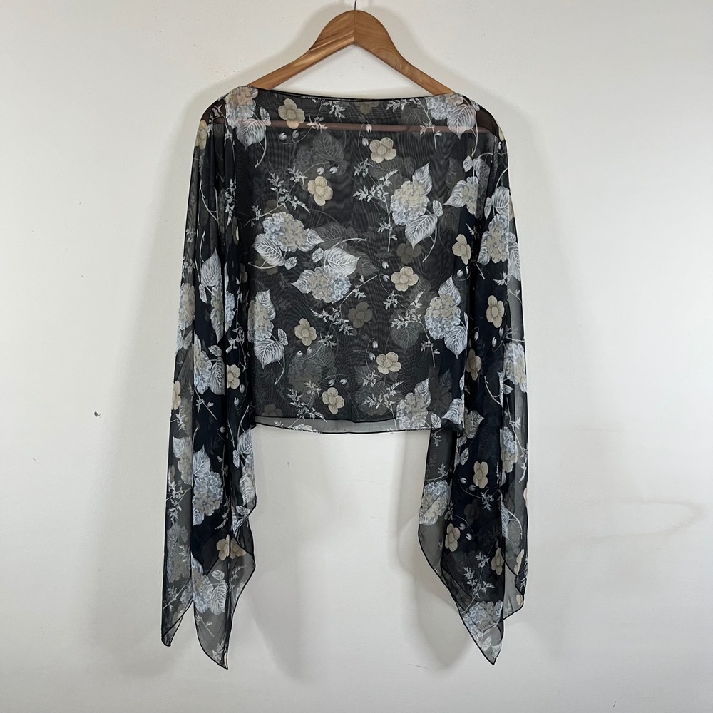 Floral Semi Sheer Poncho Top Draped Sleeves Black Whimsigoth Fairycore Elegant